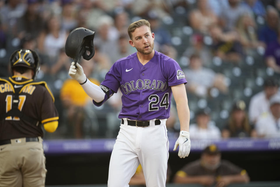 Colorado Rockies' Ryan McMahon reacts after striking out against San Diego Padres starting pitcher Dinelson Lamet to end the third inning of a baseball game Monday, June 14, 2021, in Denver. (AP Photo/David Zalubowski)