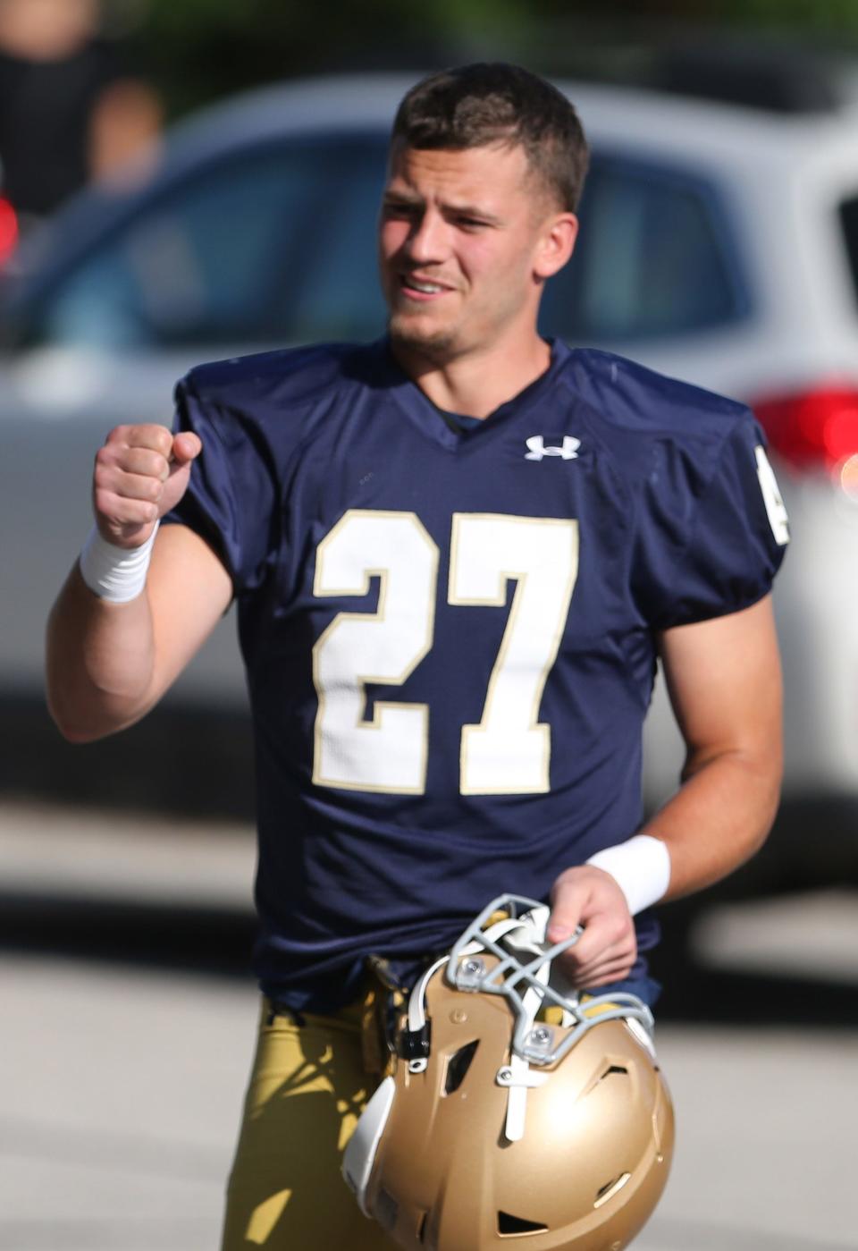 Notre Dame running back Chase Ketterer (27), a former New Prairie High School standout, during Notre Dame football fall camp Thursday, July 27, 2023, at the Irish Athletics Center in South Bend.
