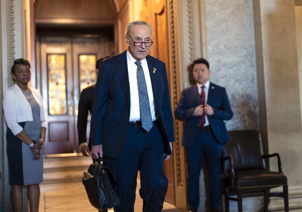 Senate Majority Leader Chuck Schumer, D-N.Y., departs after saying he believes Israeli Prime Minister Benjamin Netanyahu has "lost his way" and is an obstacle to peace in the region amid a growing humanitarian crisis in Gaza, at the Capitol in Washington, Thursday, March 14, 2024. Schumer, who is the highest-ranking Jewish official in the U.S., strongly criticized Netanyahu in a lengthy speech and called for Israel to hold new elections. (AP Photo/J. Scott Applewhite)