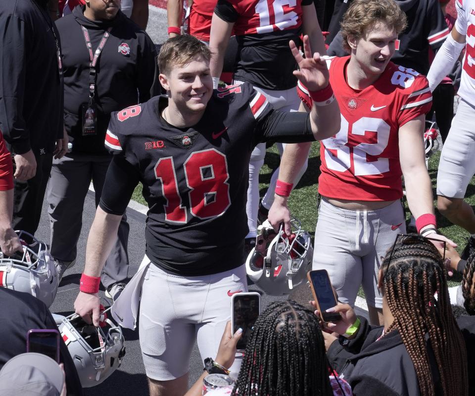 April 13, 2024; Columbus, Ohio, USA; 
Ohio State Buckeyes quarterback Will Howard (18) waves to fans following the Ohio State LifeSports spring football game at Ohio Stadium on Saturday.