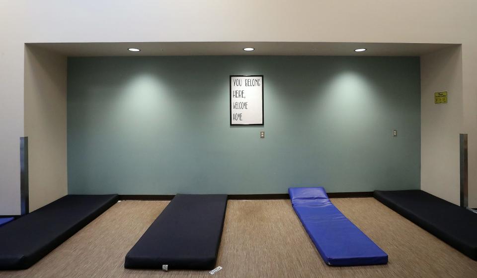 Sleeping pads line one of the hallways at the Salvation Army in Bremerton on Tuesday, March 31, 2020. 