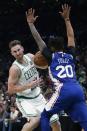 Philadelphia 76ers' Markelle Fultz (20) defends against Boston Celtics' Gordon Hayward during the first half of an NBA basketball game in Boston, Tuesday, Oct 16, 2018. (AP Photo/Michael Dwyer)