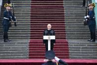 Russian President Vladimir Putin speaks to honour guards of the Presidential regiment following his inauguration ceremony at the Kremlin in Moscow, Russia, Tuesday, May 7, 2024. (Sergei Guneyev, Sputnik, Kremlin Pool Photo via AP)