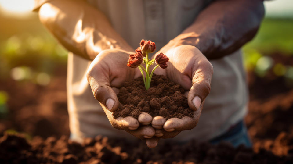 A farmer holding a handful of potassium chloride-rich soil, surrounded by a lush crop in full bloom.