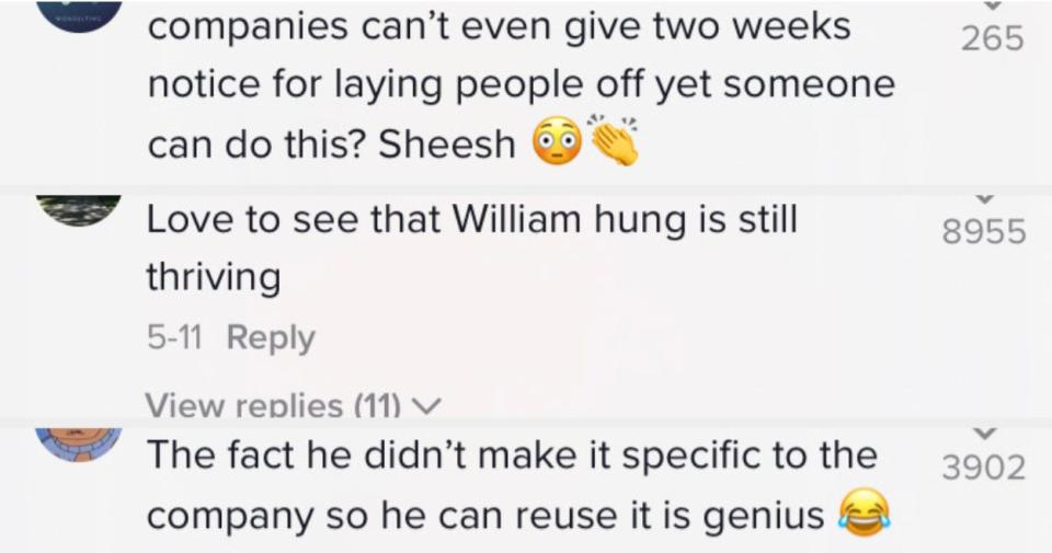 Comments: "Love to see that William Hung is still thriving" and "The fact he didn't make it specific to the company so he can reuse it is genius"