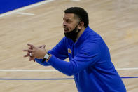 Pittsburgh coach Jeff Capel signals to his team during the second half of an NCAA college basketball game against Duke, Tuesday, Jan. 19, 2021, in Pittsburgh. (AP Photo/Keith Srakocic)