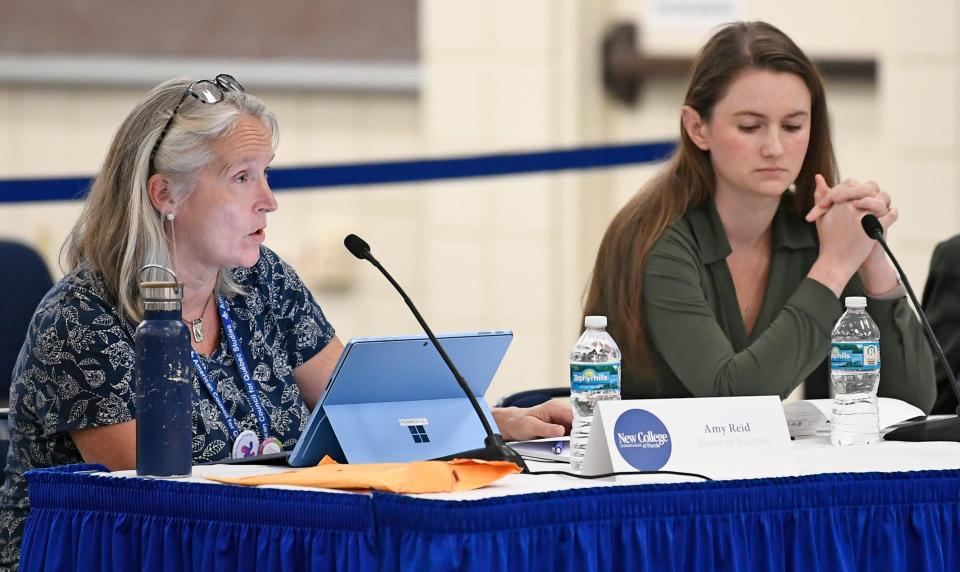 Trustee Amy Reed, who leads the soon-to-be-defunct gender studies program at New College, raised questions regarding Corcoran's qualifications, pointing to his business plan that was criticized by UF business experts and Board of Governors members during the board of trustees meeting Tuesday afternoon, Oct. 3, 2023.