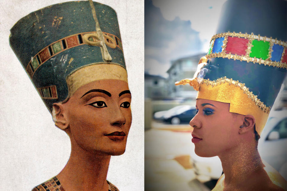 Staci Child re-created Queen Nefertiti's signature look, and people on Instagram loved it. (Photos: Getty Images/Tiffany Bangs)