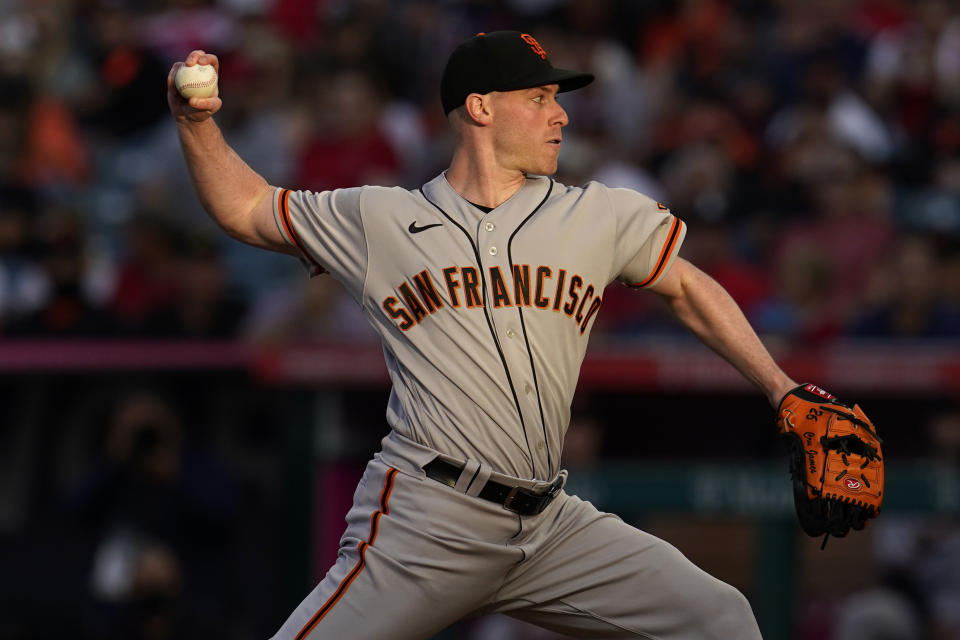 San Francisco Giants starting pitcher Anthony DeSclafani throws to the Los Angeles Angels during the second inning of a baseball game Tuesday, June 22, 2021, in Anaheim, Calif. (AP Photo/Marcio Jose Sanchez)