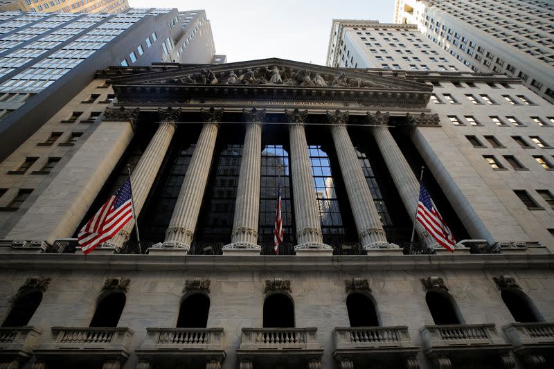 The front facade of the NYSE is ssen in New York