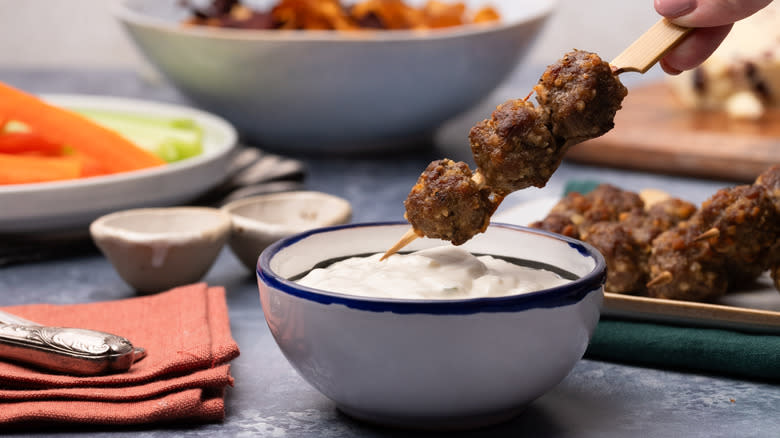 Broiled mini meatball appetizer and dip