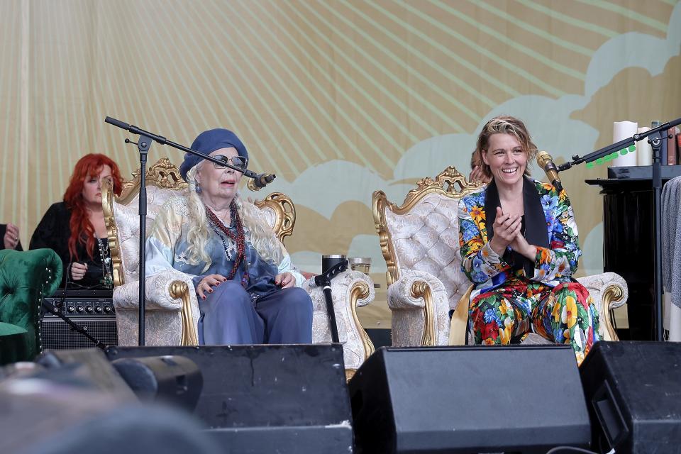 Joni Mitchell made a surprise appearance at the Newport Folk Festival at Fort Adams State Park on Sunday.