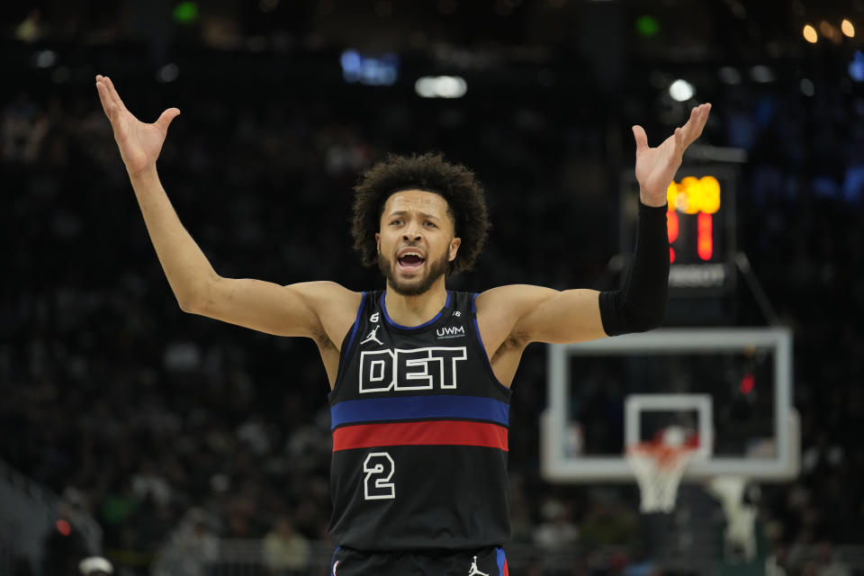 MILWAUKEE, WISCONSIN - NOVEMBER 02: Cade Cunningham #2 of the Detroit Pistons reacts after a call in the first half against the Milwaukee Bucks at Fiserv Forum on November 02, 2022 in Milwaukee, Wisconsin. NOTE TO USER: User expressly acknowledges and agrees that, by downloading and or using this photograph, User is consenting to the terms and conditions of the Getty Images License Agreement. (Photo by Patrick McDermott/Getty Images)