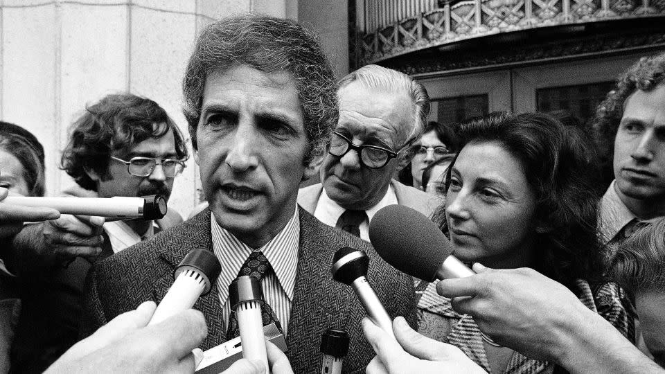 Daniel Ellsberg, co-defendant in the Pentagon Papers case, talks to media outside the Federal Building in Los Angeles, April 28, 1973. - Wally Fong/AP