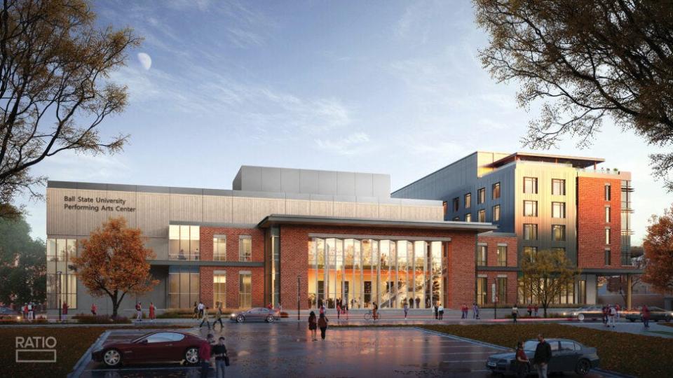 An artist's rendering of the Performing Arts Center and hotel planned for the Ball State University campus.