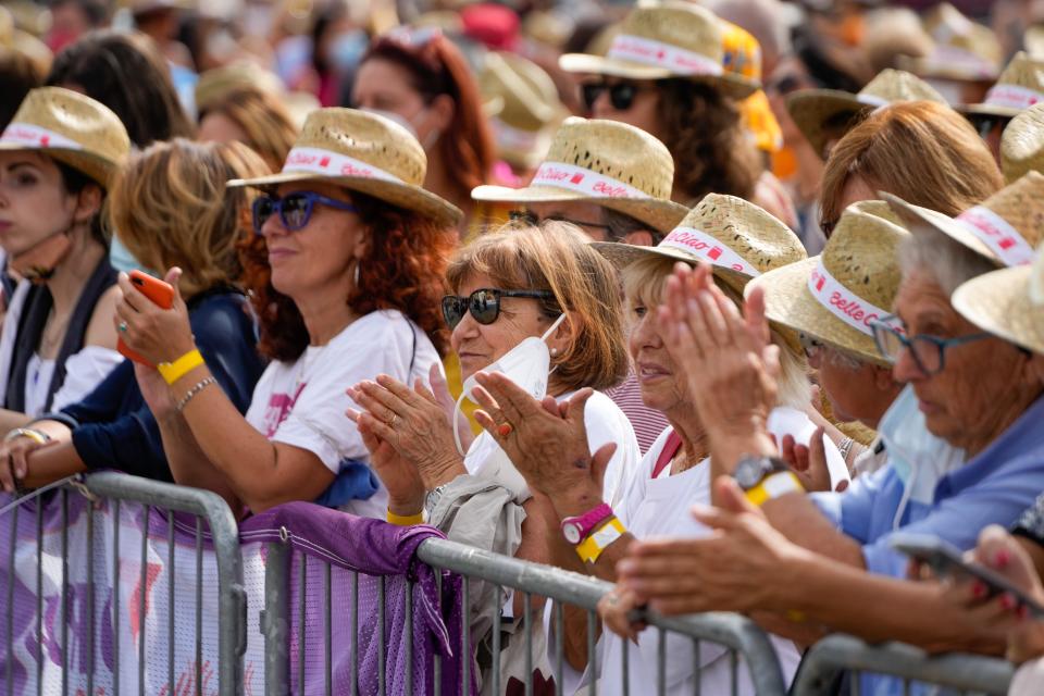 People attend a demonstration in favor of Afghan women's rights, staged by women rights activists, in Rome, Saturday, Sept. 25, 2021. (AP Photo/Andrew Medichini)