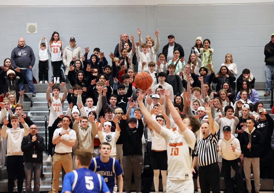 Middleboro's Jacob Briggs makes two free throws late in the game versus Norwell on Friday, Feb. 3, 2023.