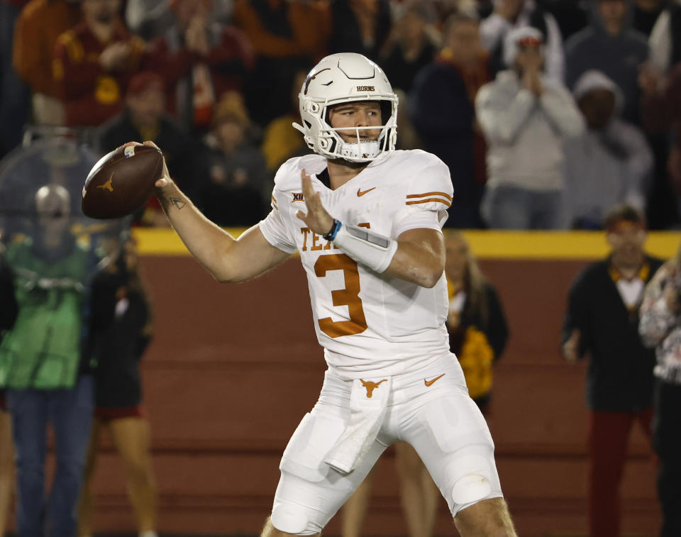 AMES, IA - NOVEMBER 18: Quarterback Quinn Ewers #3 of the Texas Longhorns throws the ball in the first half of play at Jack Trice Stadium on November 18, 2023 in Ames, Iowa. The Texas Longhorns won 26-16 over the Iowa State Cyclones. (Photo by David K Purdy/Getty Images)