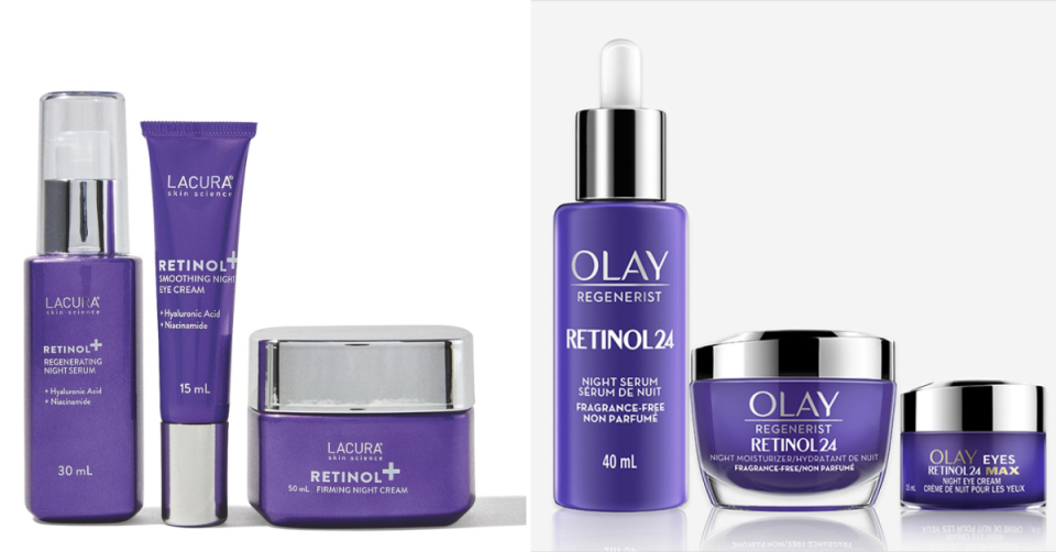 At left, in purple and silver packaging, LACURA's Retinol+ range; at right, in similar purple and silver packaging, Olay's Regenerist Retinol24 range.