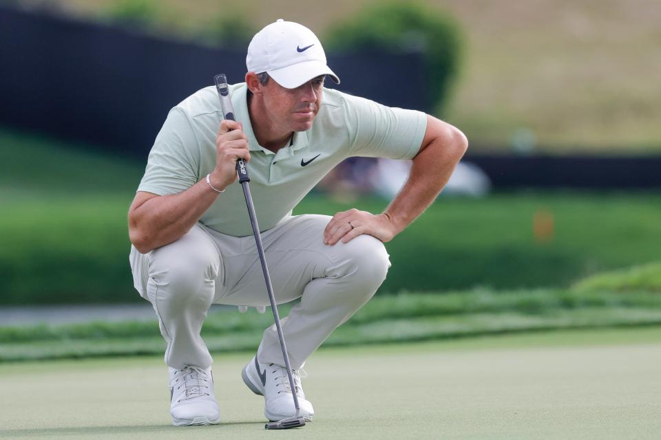 Mar 10, 2024; Orlando, Florida, USA; Rory McIlroy looks over his putt on the 17th green during the final round of the Arnold Palmer Invitational golf tournament. Mandatory Credit: Reinhold Matay-USA TODAY Sports