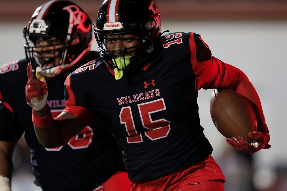 Baker County's Seth Chestnut returns an interception for a touchdown against Baldwin.