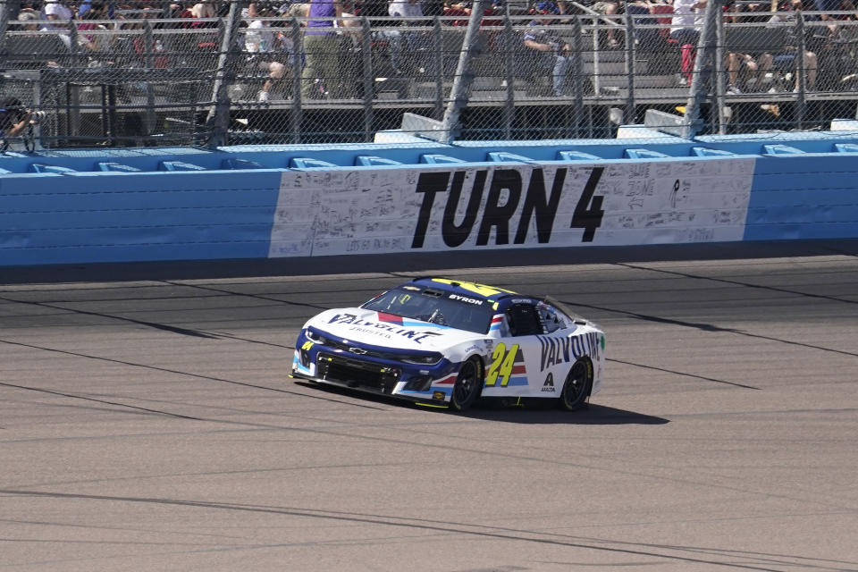 William Byron takes Turn 4 during the NASCAR Cup Series auto race at Phoenix Raceway, Sunday, March 12, 2023, in Avondale, Ariz. (AP Photo/Darryl Webb)