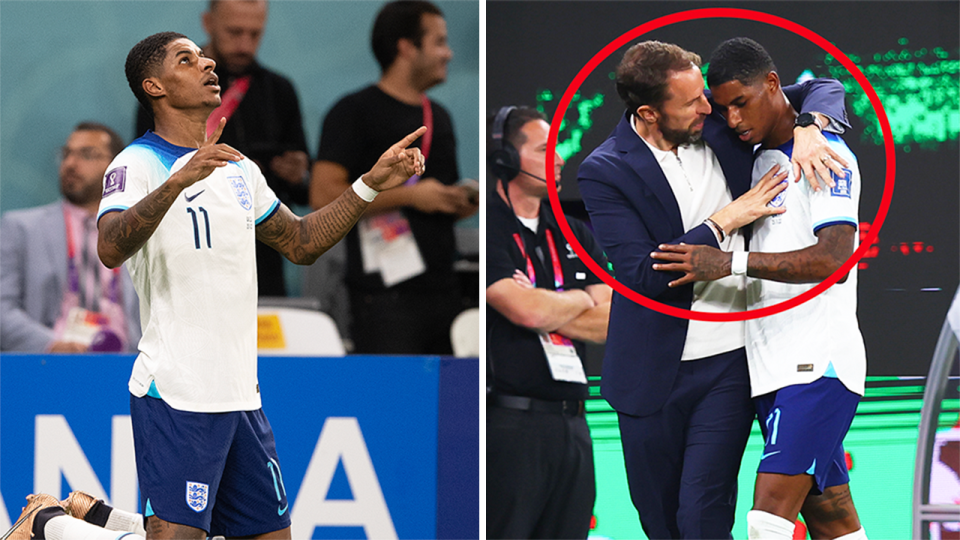 Marcus Rashford (pictured) revealed the heartbreaking meaning behind his goal celebration after scoring a double against Wales at the World Cup. (Getty Images)