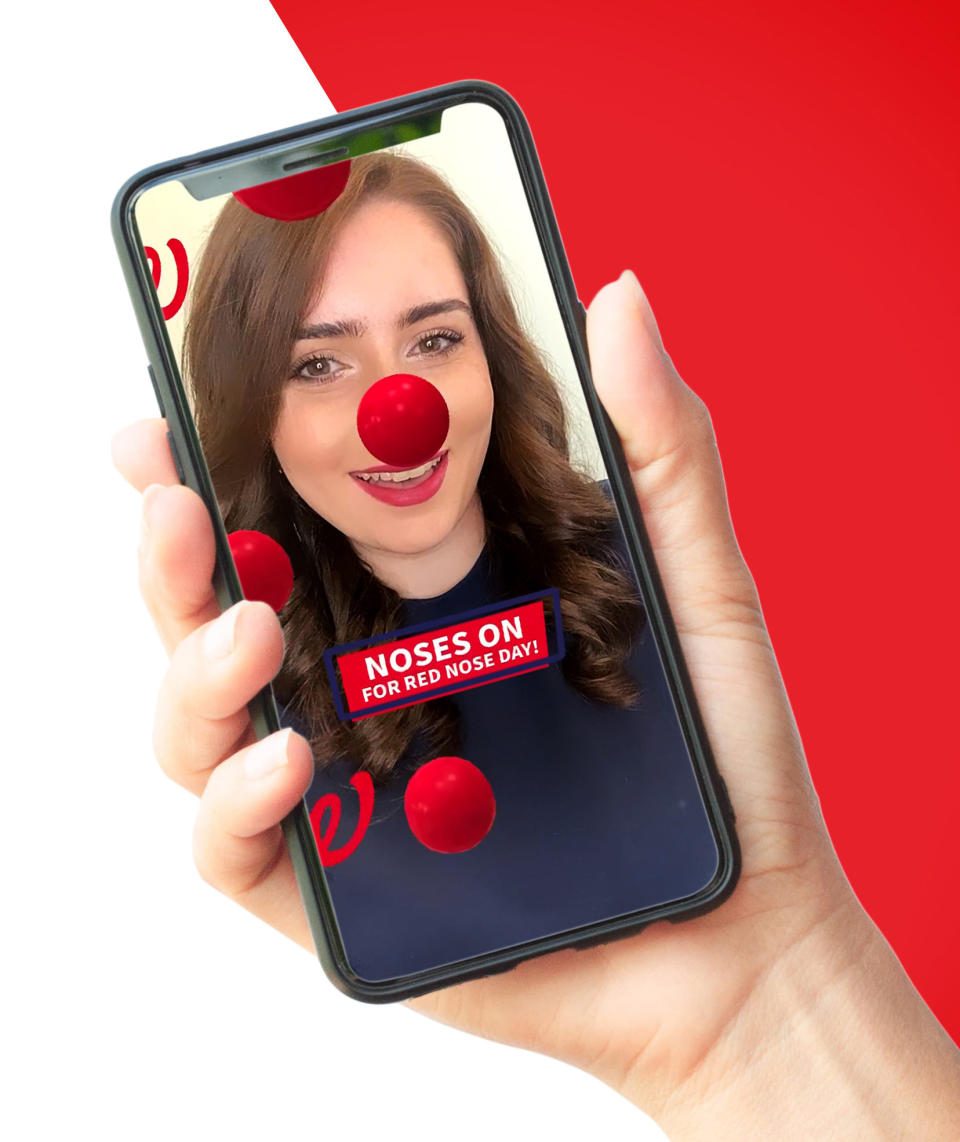 This undated photo provided by Comic Relief’s Red Nose Day shows the virtual Red Nose that donors can purchase to show their support of the Red Nose Day campaign. (Red Nose Day via AP)