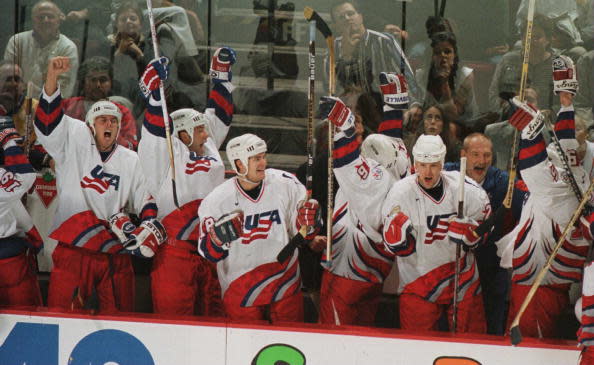 14 Sep 1996: Team USA celebates on the bench after Tony Amonte's winning goal against Canada to win the World Cup of Hockey at Molson Centre in Montreal, Quebec, Canada. The USA won the game 5-2 and the final series 2-1. Mandatory Credit: Glenn Cratty/Al