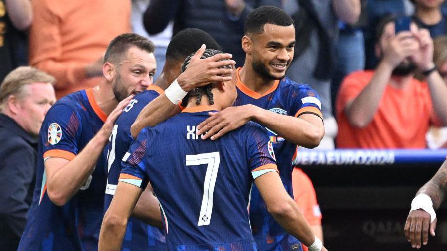 Netherlands players celebrate Cody Gakpo's goal against Romania