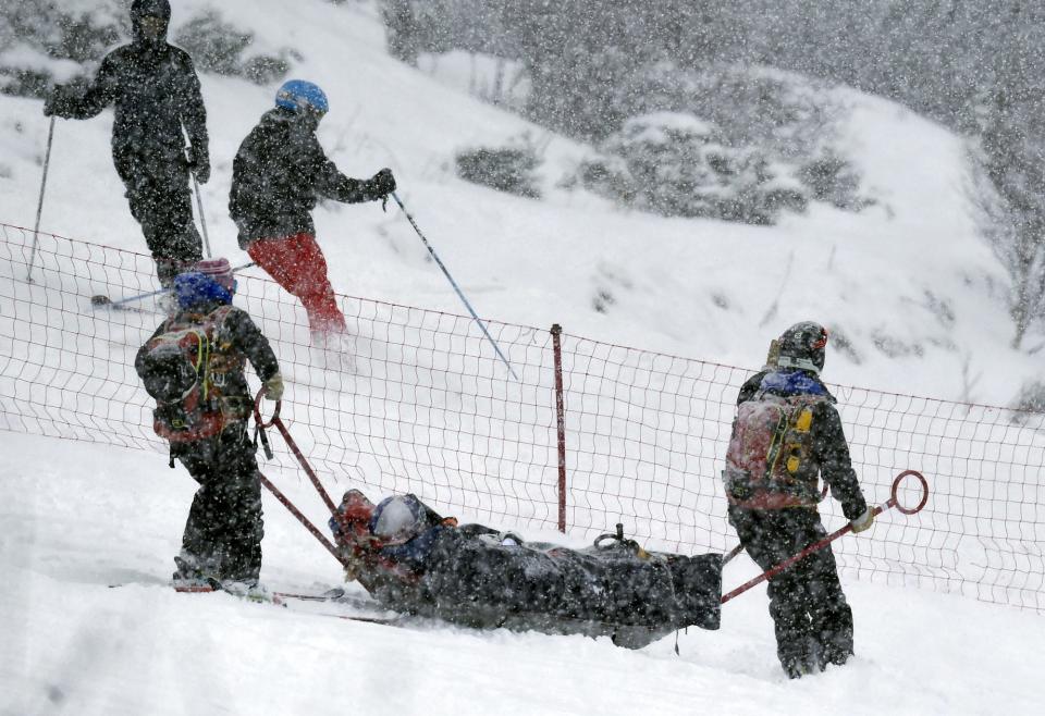 In this Feb. 27, 2016, file photo, Lindsey Vonn, of the United States, is carried out of the course on a rescue sled after falling during a women's World Cup alpine ski super G race in Soldeu, Andorra.