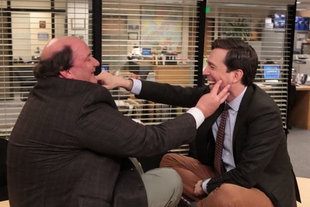 Brian Baumgartner as Kevin Malone nd Ed Helms as Andy Bernard laugh in an episode of "The Office"