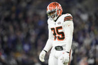 Cleveland Browns defensive end Myles Garrett reacts during the first half of an NFL football game against the Baltimore Ravens, Sunday, Nov. 28, 2021, in Baltimore. (AP Photo/Gail Burton)