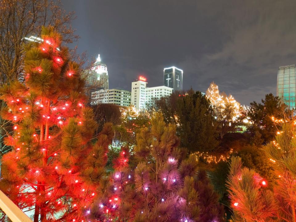 The Myriad Gardens lit up for the holidays in Oklahoma City, Oklahoma