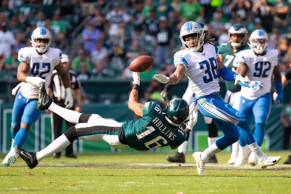 Detroit Lions defensive back Mike Ford breaks up a pass play to Philadelphia Eagles receiver Mack Hollins during the fourth quarter Sunday, Sept. 22, 2019 at Lincoln Financial Field.