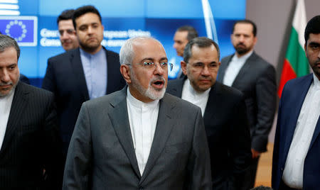 Iran's Foreign Minister Mohammad Javad Zarif talks to the media after a meeting with European Union foreign policy chief Federica Mogherini at the EU Council in Brussels, Belgium, May 15, 2018. REUTERS/Francois Lenoir