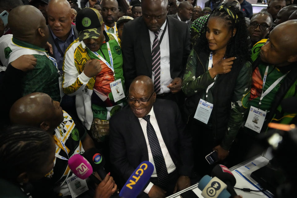 Former president and now leader of the MK Party, Jacob Zuma, center, speaks at the Results Operation Centre (ROC) in Midrand, Johannesburg, South Africa, Saturday, June 1, 2024. The African National Congress party has lost its parliamentary majority in a historic election result that puts South Africa on a new political path for the first time since the end of the apartheid system of white minority rule 30 years ago.(AP Photo/Themba Hadebe)