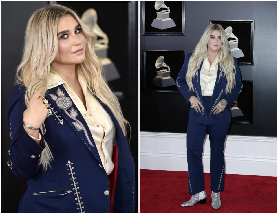 <p>El estilo de Kesha continúa dejando mucho que desear por culpa de este traje de Nudie’s Rodeo Tailors. (Foto: AP / EFE). </p>