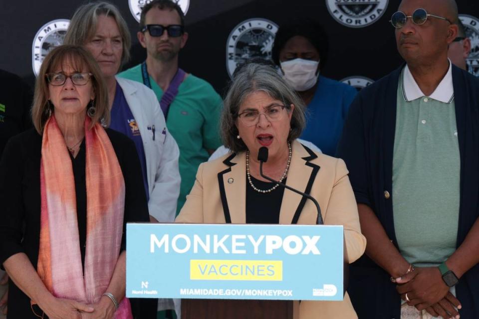 Miami-Dade County Mayor Daniella Levine Cava speaks at a press conference Wednesday, Aug. 10, 2022, to announce new monkeypox vaccination sites in Miami Beach and at Tropical Park, which will open on Friday.