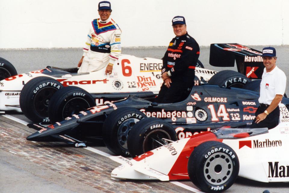 The front row for the 1991 Indianapolis 500 had a Hall of Fame feel, with Mario Andretti, from left, A.J. Foyt and pole sitter Rick Mears. Mears would win for a record-tying fourth time.