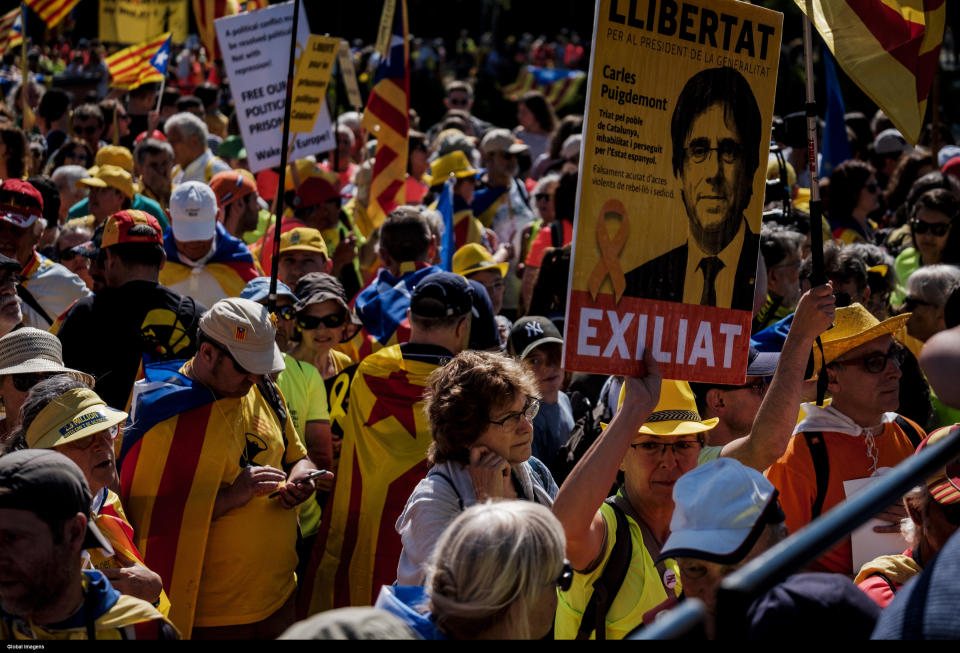 Strasbourg, 07/07/2019 - A demonstration by the Catalan population against elected MEPs who could not take office took place this morning in front of the European Parliament in Strasbourg. (Nuno Pinto Fernandes / Global Images/Sipa USA)