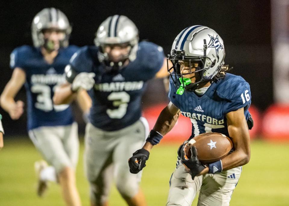 Stratford running back Jayshon Williams (16) runs for a first down In Stratford’s season opening win over Westfield Friday evening. Mark S Powell/Mark S Powell