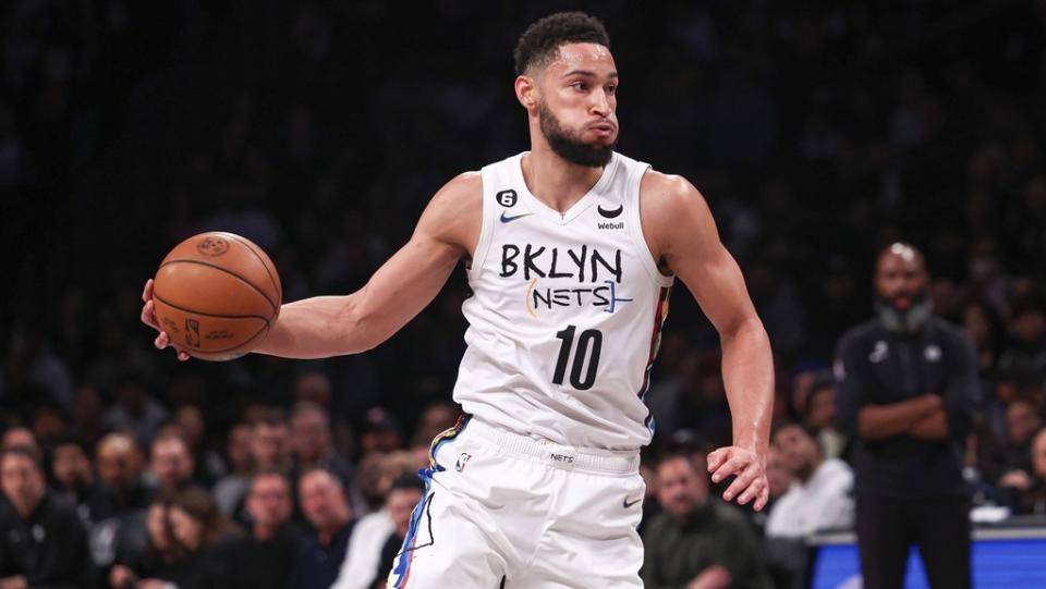 Feb 7, 2023; Brooklyn, New York, USA; Brooklyn Nets guard Ben Simmons (10) dribbles during the first half against the Phoenix Suns at Barclays Center.