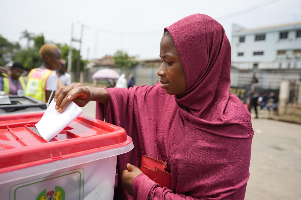 A woman cast her ballot during the gubernatorial and state Assembly elections in Lagos , Nigeria, Saturday, March 18, 2023. Millions of Nigerians are headed back to the polls Saturday as Africa's most populous nation holds gubernatorial elections amid tensions after last month's disputed presidential vote. New governors are being chosen for 28 of Nigeria's 36 states as the opposition continues to reject the victory of President-elect Bola Tinubu from the West African nation's ruling party (AP Photo/Sunday Alamba)