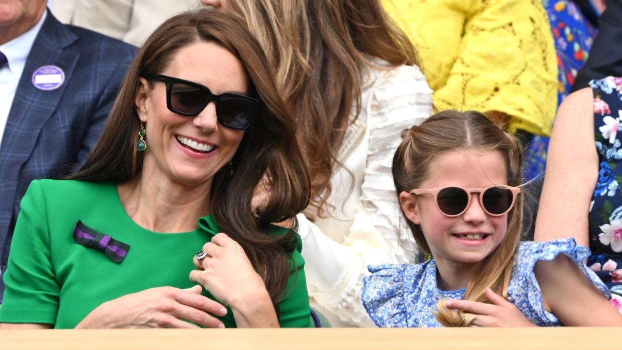  Catherine, Princess of Wales and Princess Charlotte of Wales watch Carlos Alcaraz vs Novak Djokovic in the Wimbledon 2023 men's final on Centre Court during day fourteen of the Wimbledon Tennis Championships at the All England Lawn Tennis and Croquet Club on July 16, 2023 in London, England. . 