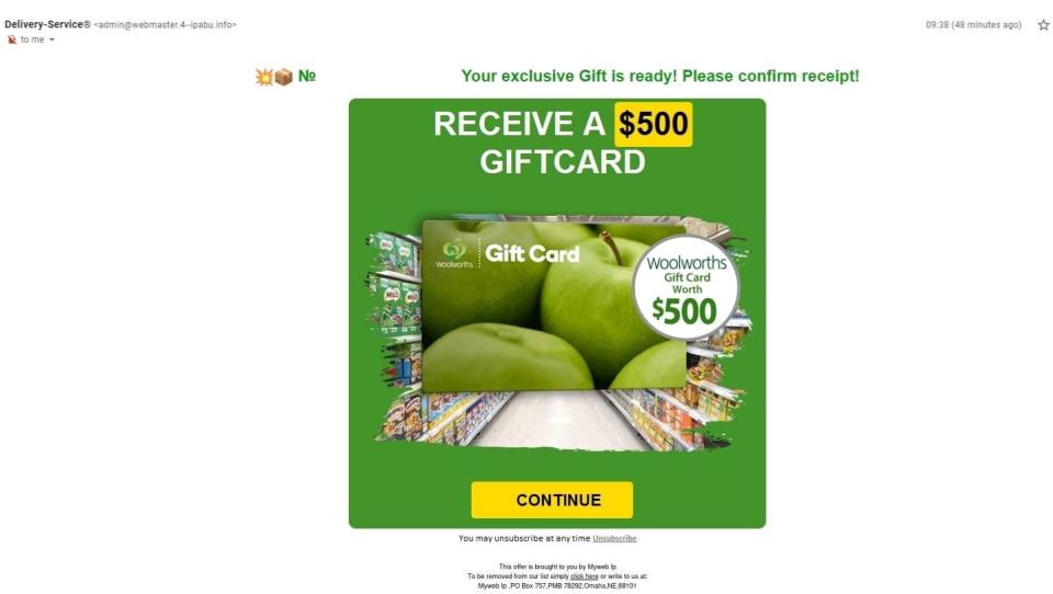 screenshot of woolworths gift card phishing scam email 