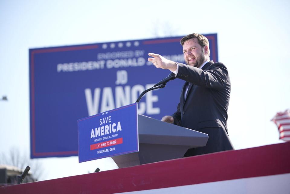 U.S. Senate candidate J.D. Vance speaks at the Trump rally Saturday, April 23 in Delaware Ohio.