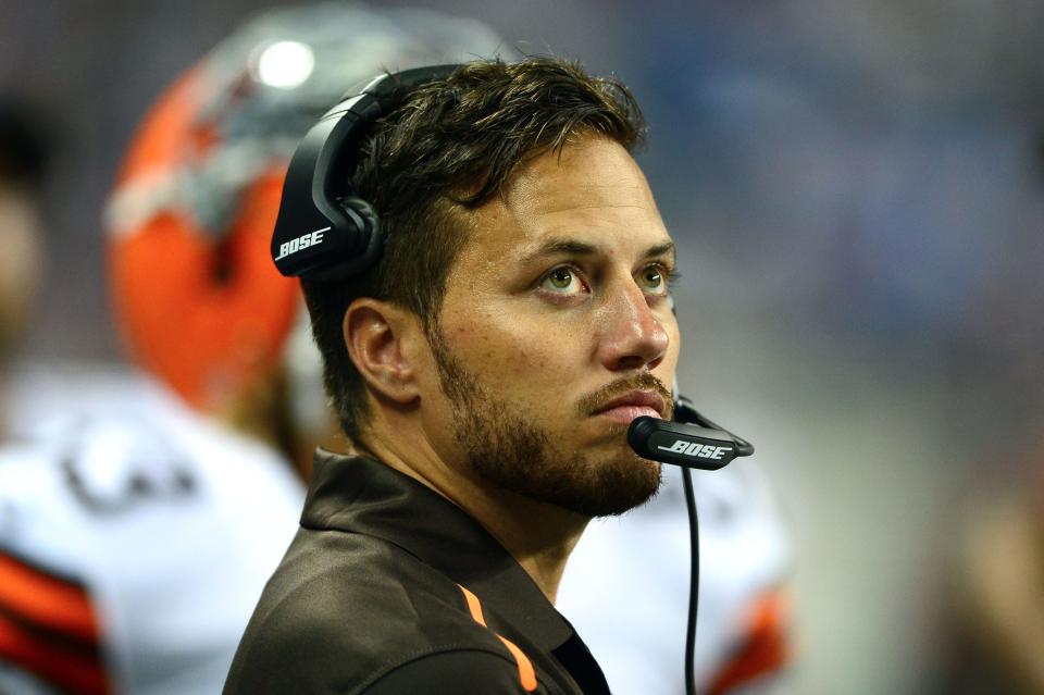 Aug 9, 2014; Detroit, MI, USA; Cleveland Browns wide receivers coach Mike McDaniel against the Detroit Lions at Ford Field. Mandatory Credit: Andrew Weber-USA TODAY Sports