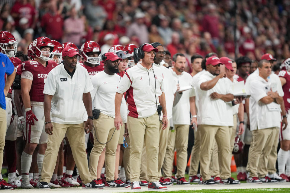 Dec 28, 2023; San Antonio, TX, USA; Oklahoma Sooners head coach Brent Venables looks on in the second half against the Arizona Wildcats at Alamodome. Mandatory Credit: Daniel Dunn-USA TODAY Sports