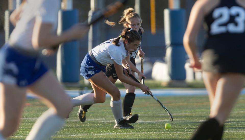 Shore's Emma Haynes moves the ball upfield against Southern in the Blue Devils' win over the Rams in a Shore Conference Tournament semifinal match.